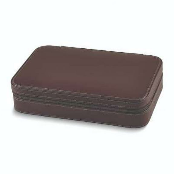 Brown Leather Two Watch and Two Sunglass Travel Case with Form Fit Compartments with Zipper Closure.