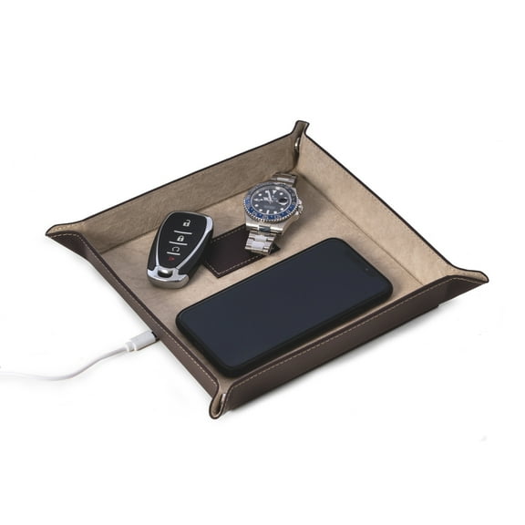 Brown Leather Valet Tray with Wireless Charger