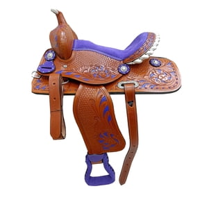 Brown Leather Western Barrel Horse Saddle Floral Hand Carved purple Suede Seat With Tack Set