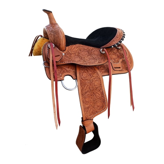 Brown Leather Western Barrel Horse Saddle Floral Hand Tooling Latigo Metal studs Black Suede Seat 13" Inch