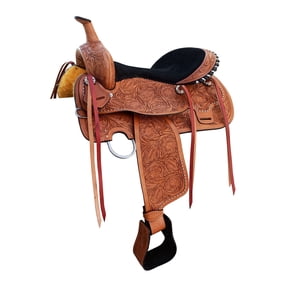Brown Leather Western Barrel Horse Saddle Floral Hand Tooling Latigo Metal studs Black Suede Seat 13" Inch