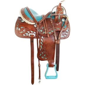 Western Brown Leather Barrel Saddle Turquoise Padded Seat Floral Tooled Crystal Studded 12" Inch