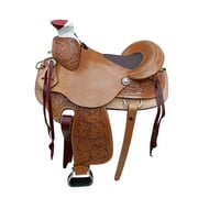 Brown Leather Western Big Horn Horse Saddle Floral Hand Carved Hard Seat With Leather Padded Patch 10" Inch