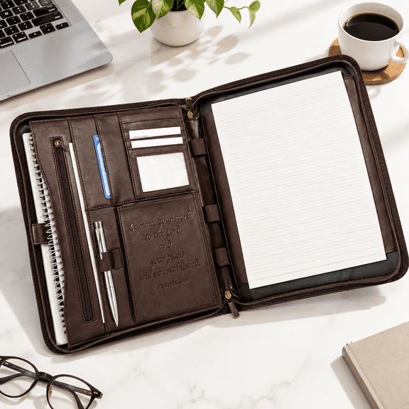Brown Leather Zipper Binder Portfolio Case for Men and Women