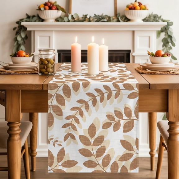 Brown Leaves Dining Table Runner, Summer Farmhouse Botanical Branch Minimalist Washable Table Runners Kitchen Coffee Table Center Decor for Home Party Holiday Wedding 13 x 108 Inches