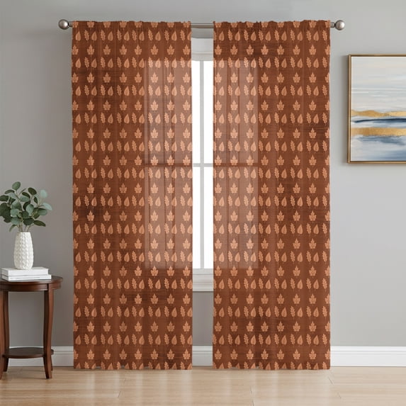 Brown Leaves Fall Sheer Curtains 96 Inch Length 2 Panels Set, Thanksgiving Botanical Maple Leaves Voile Window Treatment Semi Sheer Long Curtains Drapes for Bedroom/Living Room/Kitchen 52"x96"x2