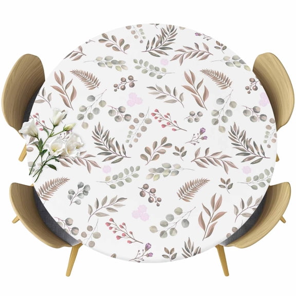 Brown Leaves Herbs Round Tablecloth 36-44 Inch Round Fitted Table Cloth with Elastic Edge, Botanical Pastoral Leaf Country Waterproof Table Cover Protector for Outdoor Picnic Party Dining