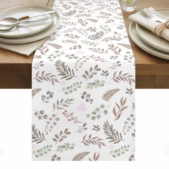 Brown Leaves Herbs Table Runner - 60 Inch Long, Kitchen Dining Table Runner Dresser Scarves, Botanical Pastoral Leaf Country Farmhouse Decor for Coffee Tables Wedding Party Banquet
