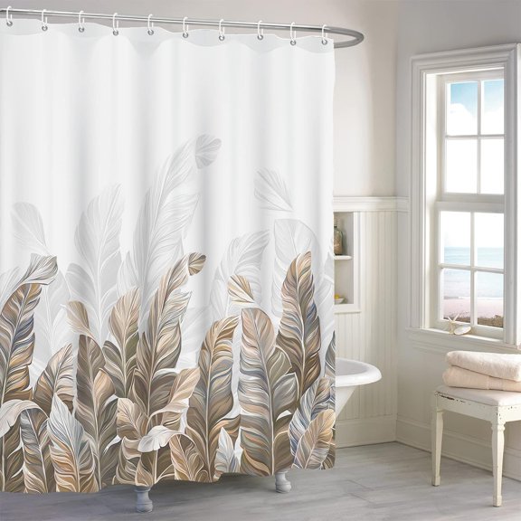 Brown Leaves Shower Curtain, Modern Plants Bathroom Curtain, Minimalist Natural Botanical Shower Curtain Set with 12 Hooks for Bathroom 72Wx72L inch