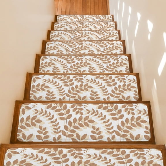 Brown Leaves Stair Treads Non Slip for Steps Summer Farmhouse Botanical Branch Minimalist 4 Pcs Reusable Adhesive Stair Runner Mats for Dogs Elders Carpet Treads Rugs for Staircase 8x30 In
