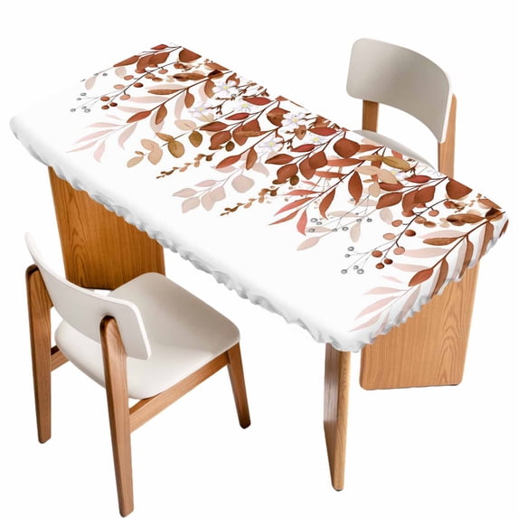 Brown Leaves Table Cloths for 3 Foot Rectangle Tables, Summer Botanical Patio Waterproof Elastic Fitted Tablecloths, Washable Rectangular Table Cover for Camping