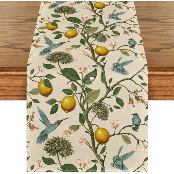 Brown Lemon Tree Bird Flower Summer Table Runner,Spring Kitchen Dining Table Decoration for Home Party Decor 13x36 Inch