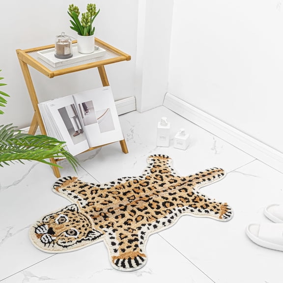Brown Leopard Bath Mat for Bathroom, Funny Cheetah Print Cute Cartoon Bathroom Rugs Non Slip Animal Shaped Absorbent Bathtub Mat Plush Shower Door Mat Decor 39.3x25.5 Inch