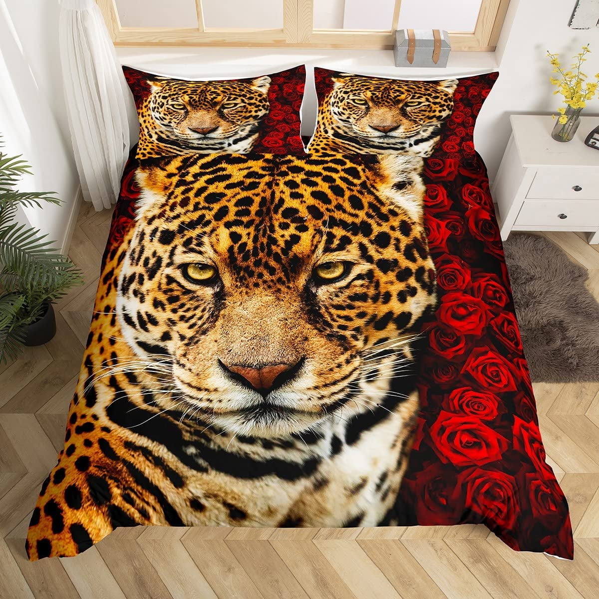 Brown Leopard Bedding Set Red Rose Comforter Cover for Kids Adults