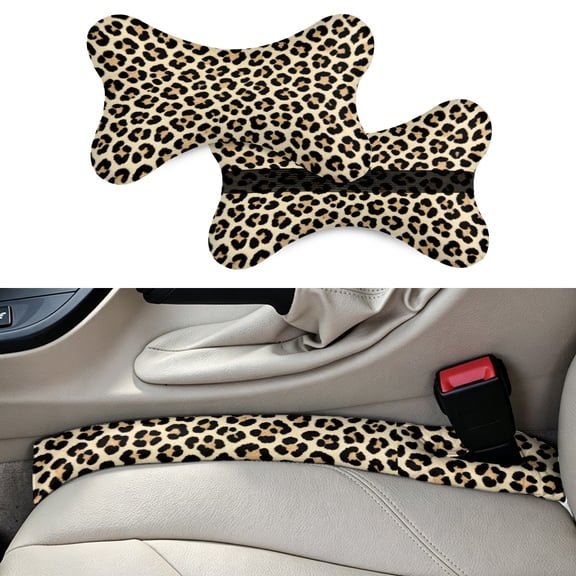Brown Leopard Pattern 2pcs Car Headrest Car Neck Pillow + 2 pack Car Seat Gap Filler - Universal Car SUV Truck (style 10)