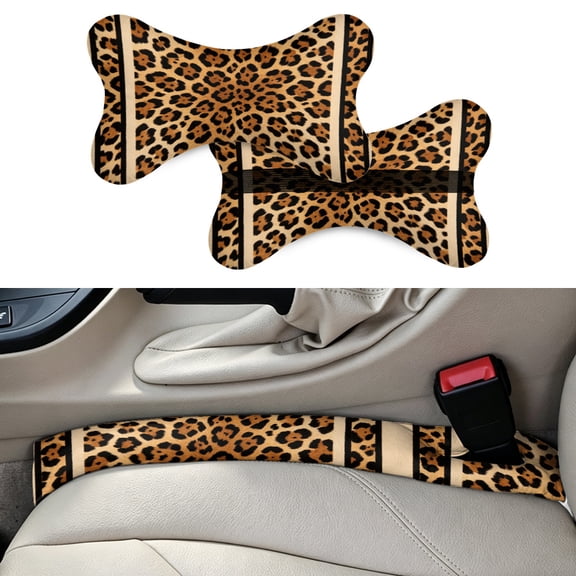 Brown Leopard Pattern 2pcs Car Headrest Car Neck Pillow + 2 pack Car Seat Gap Filler - Universal Car SUV Truck(style 2)
