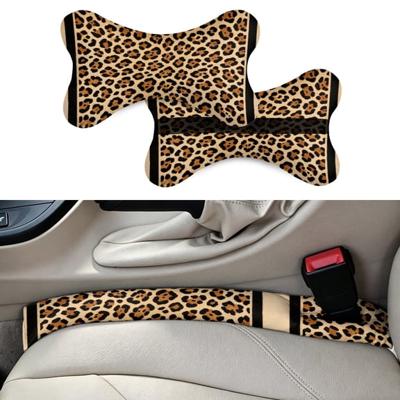 Brown Leopard Pattern 2pcs Car Headrest Car Neck Pillow + 2 pack Car Seat Gap Filler - Universal Car SUV Truck(style 4)