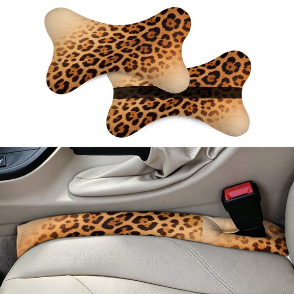 Brown Leopard Pattern 2pcs Car Headrest Car Neck Pillow + 2 pack Car Seat Gap Filler - Universal Car SUV Truck﻿(style 6)