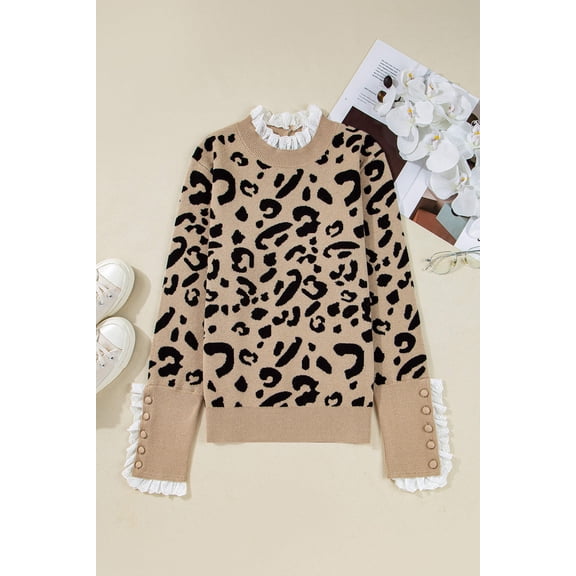 Brown Leopard Pattern Lace Ribbed Detail Button Cuffed Sweater