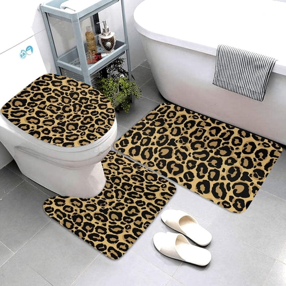 Brown Leopard Print 3 Piece Bathroom Rugs Set, Bath Mat + Contour Mat + Toilet Seat Cover, Non-Slip Soft Microfiber Cheetah Bathmat for Tub Shower Room Decor, Machine Washable
