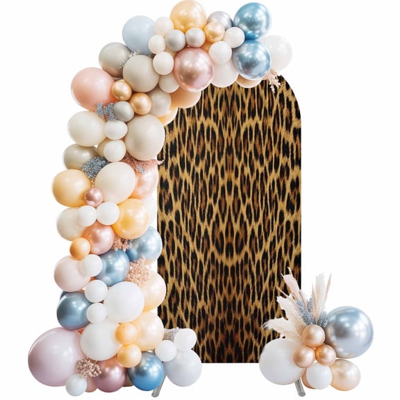Brown Leopard Print Arch Backdrop Cover 7.2x4 Ft, Spandex Wedding Arch Stand Cover, Classic Abstract Animal Patterned Round Top Stretch Fitted Background Covers for Birthday Ceremony Party Decor
