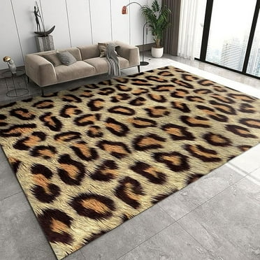Brown Leopard Print Area Rugs, Vintage Print Indoor Rug, With Non-Slip Backing Floor Carpet For Living Room Bedroom Dining Room Office 5' x 7'