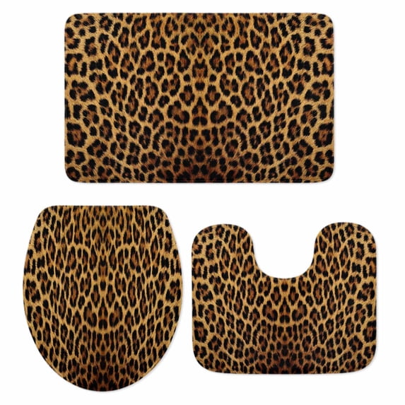 Brown Leopard Print Bath Mat 3 Piece Bathroom Rug Set, Classic Abstract Animal Patterned Non Slip Bath Rug Contour Mat and Toilet Lid Cover, Absorbent Shower Mats Soft Bath Rugs and Mats Sets