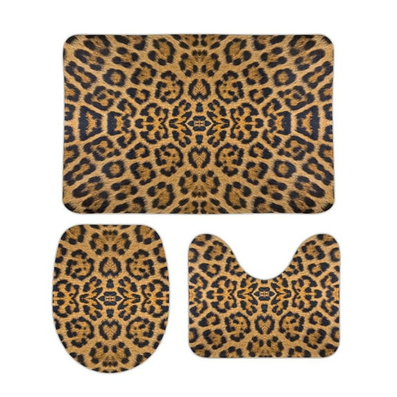 Brown Leopard Print Bathroom Rugs Set 3 Piece with Non-Slip Bath Rugs Toilet Lid Cover U-Shaped Contour Toilet Mat Rustic