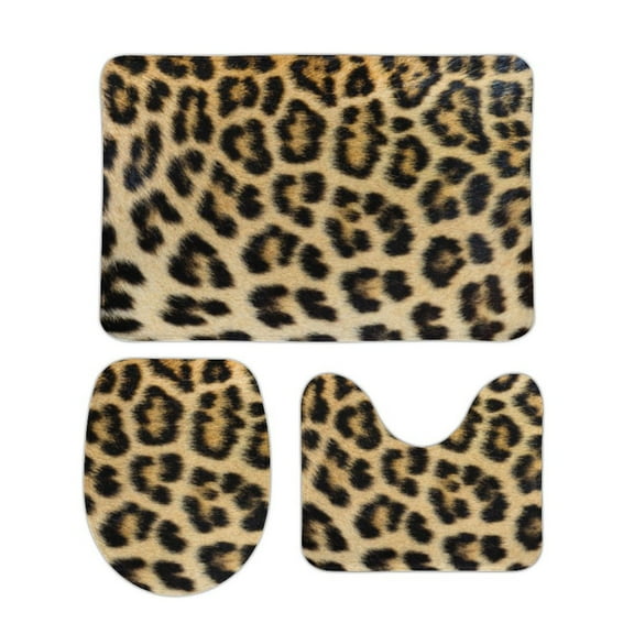 Brown Leopard Print Bathroom Rugs Set 3 Piece with Non-Slip Bath Rugs Toilet Lid Cover U-Shaped Contour Toilet Mat Rustic