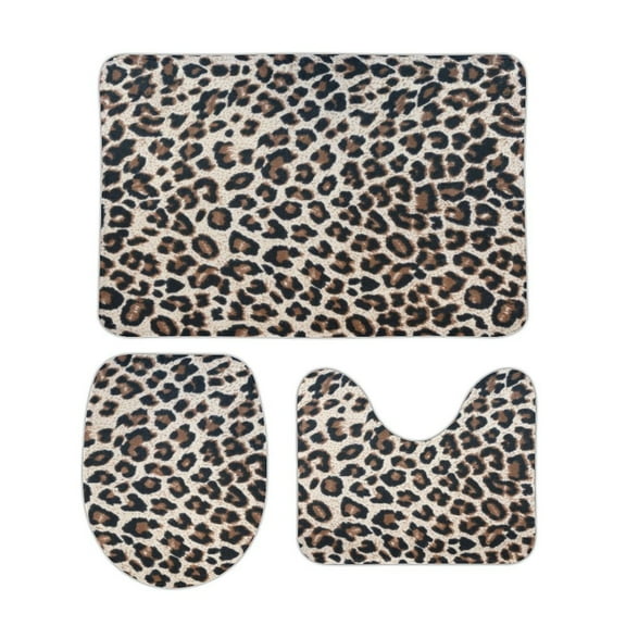 Brown Leopard Print Bathroom Rugs Set 3 Piece with Non-Slip Bath Rugs Toilet Lid Cover U-Shaped Contour Toilet Mat Rustic