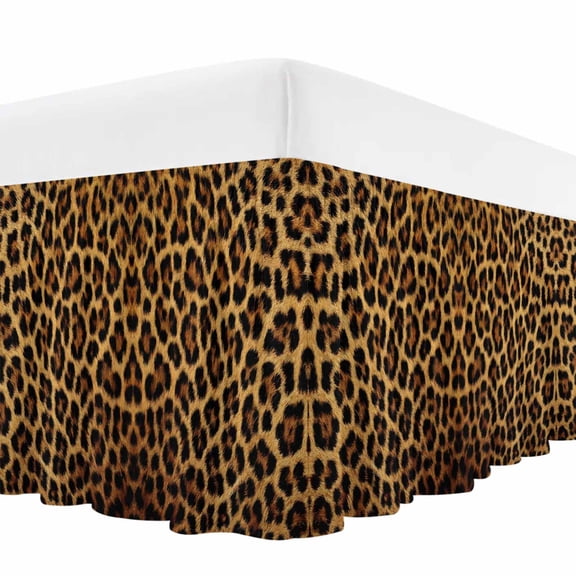 Brown Leopard Print Bed Skirt Queen Size, Classic Abstract Animal Patterned Wrap Around Bed Skirting with Adjustable Elastic Strap, Dust Ruffle Pleated Bedskirts 16 Inch Drop for Bedroom Queen Beds