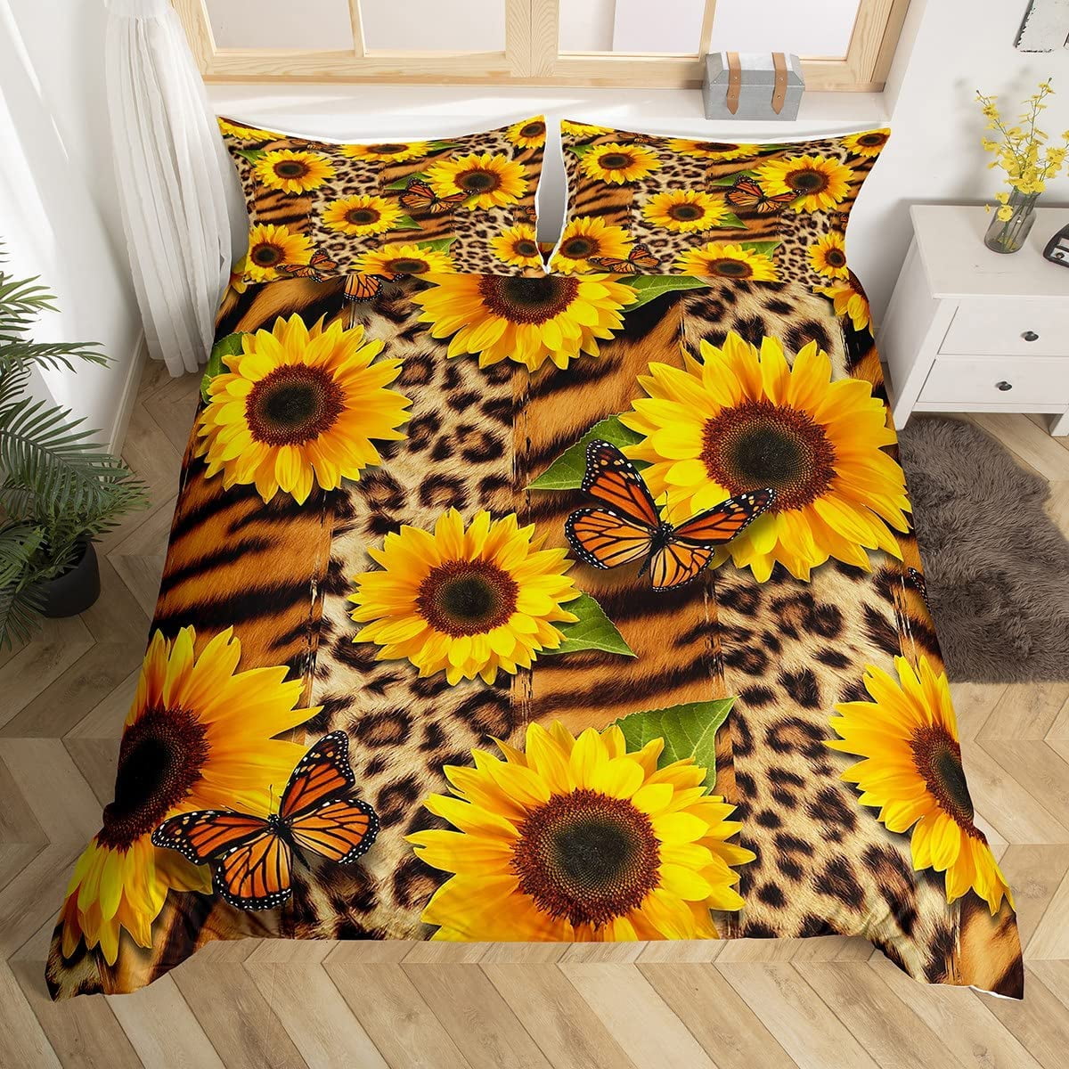 Brown Leopard Print Duvet Cover Set,Sunflower Butterfly Bedding Set for