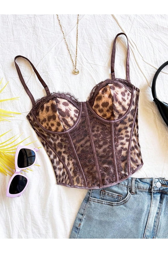 Brown Leopard Print Lace Bustier Corset Top With Spaghetti Straps For Night Out