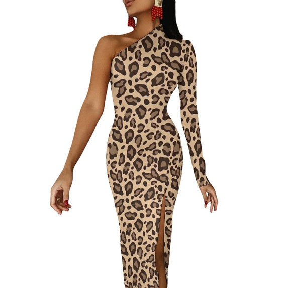 Brown Leopard Print Long Dress Female Animal Aesthetic Maxi Dress Spring Vintage Bodycon Dresses Side Split Custom Clothing