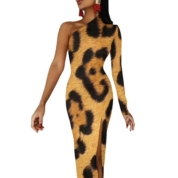 Brown Leopard Print Long Dress Female Animal Aesthetic Maxi Dress Spring Vintage Bodycon Dresses Side Split Custom Clothing