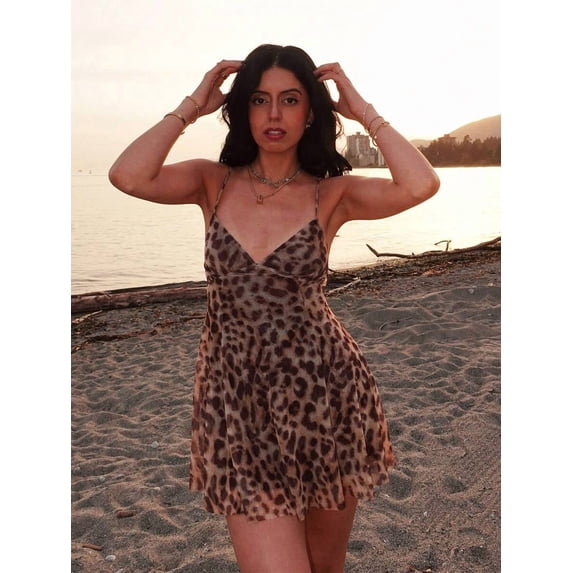 Brown Leopard Print Mini Slip Dress For Beach Vacation Elegant Summer