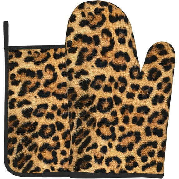 Brown Leopard Print Oven Mitts Pot Holders Set of 2, Kitchen Heat Resistant Hot Pads for Women Men Cooking BBQ Baking