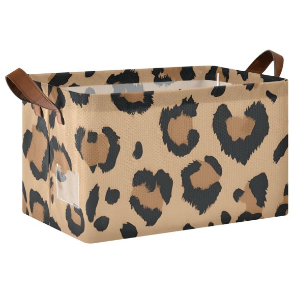 Brown Leopard Print Pattern Collapsible Storage Bin Open Home Shelf Basket Water-Resistant Iron Frame Large 2 Pack