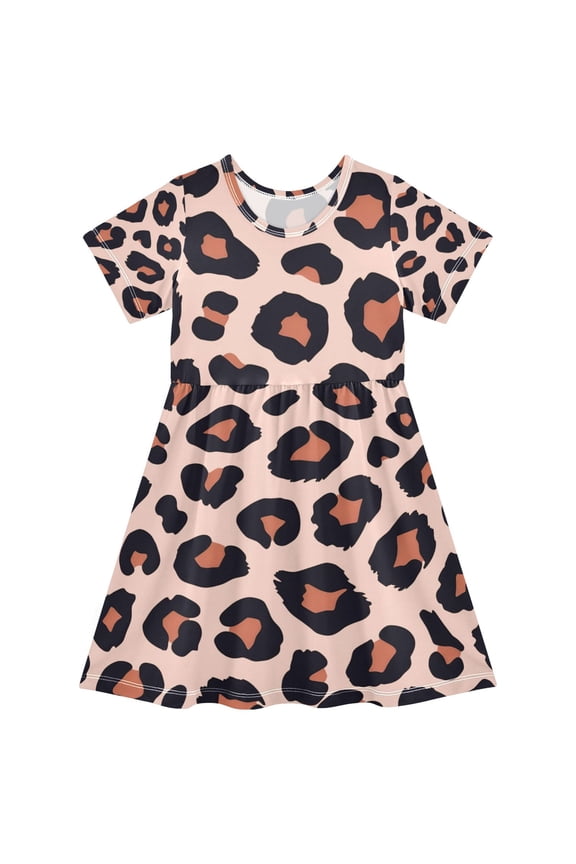 Brown Leopard Print Pattern Girls Short Sleeve Dress A Line Sun Protection Breathable Comfort Sundress 3T
