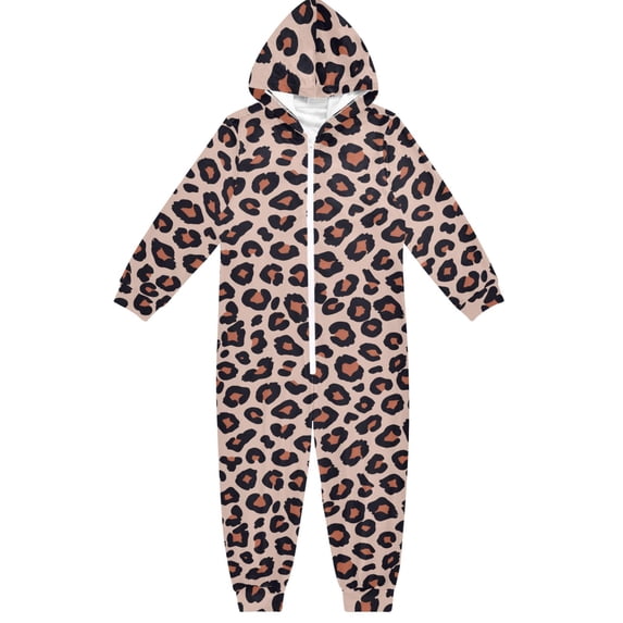 Brown Leopard Print Pattern One Piece Pajamas Soft Jumpsuit Cozy Sleep and Play Romper Zipper and Pockets 9Y-11Y