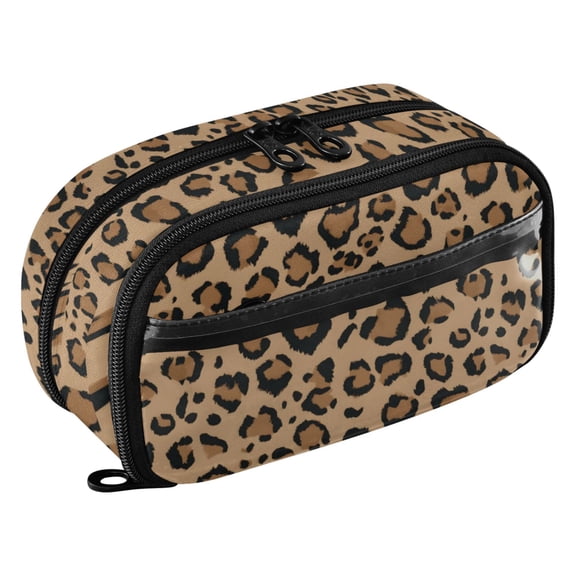 Brown Leopard Print Pattern PVC Pencil Case Water-Repellent Clear Window Pencil Bag Organizer 8.3in