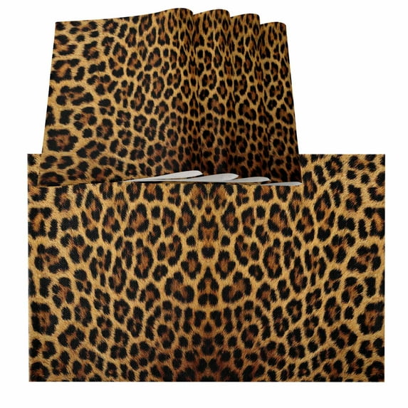Brown Leopard Print Placemats for Dinning Table Set of 6, Classic Abstract Animal Patterned Burlap Kitchen Place Mats Waterproof Cloth Table Mats, Indoor Outdoor Placemats Easy Clean Dinner Decor