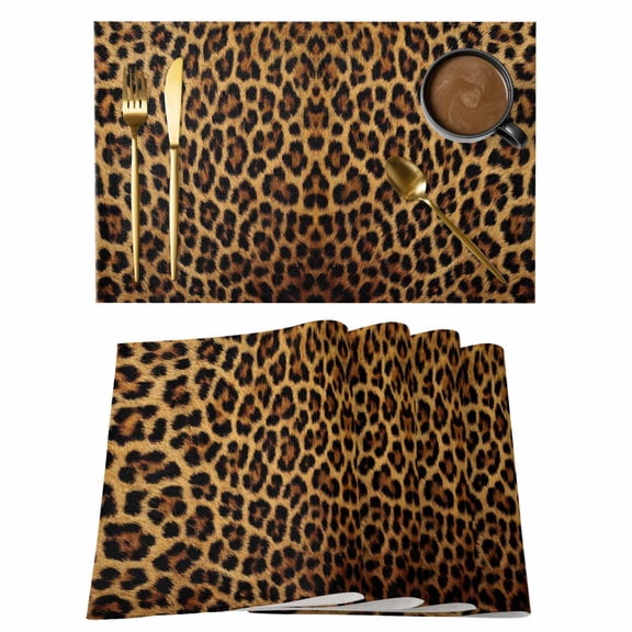 Brown Leopard Print Placemats Set of 12, Classic Abstract Animal Patterned Placemats for Dining Table, Place Mats for Kitchen Tabletop, Waterproof Wipeable Dining Table Mats Set