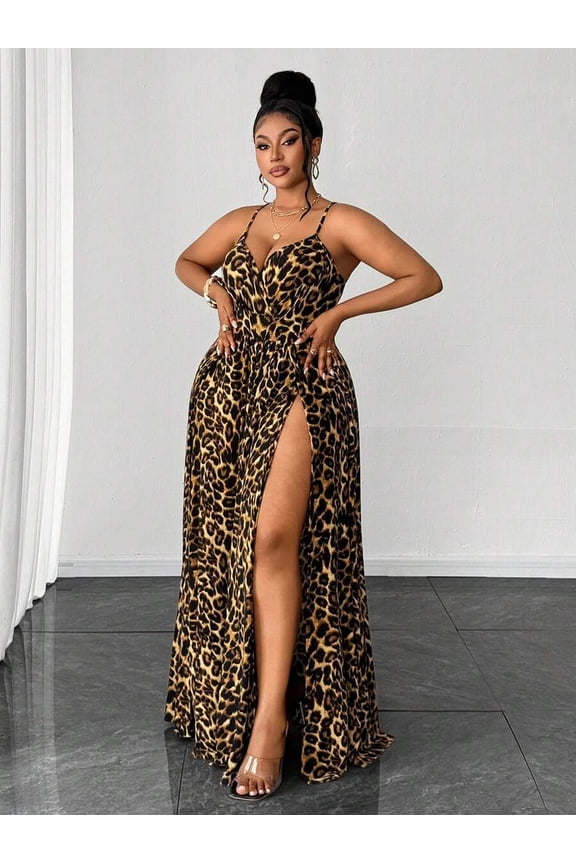 Brown Leopard Print Plus Size Maxi Dress With High Slit And Spaghetti Straps