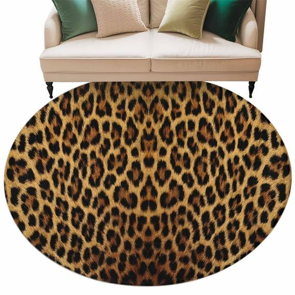 Brown Leopard Print Round Area Rug 5ft Washable Large Round Rug for Living Room, Soft Non-Slip Circle Rugs for Dining Room, Classic Abstract Animal Patterned Floor Carpet for Bedroom Entryway Office