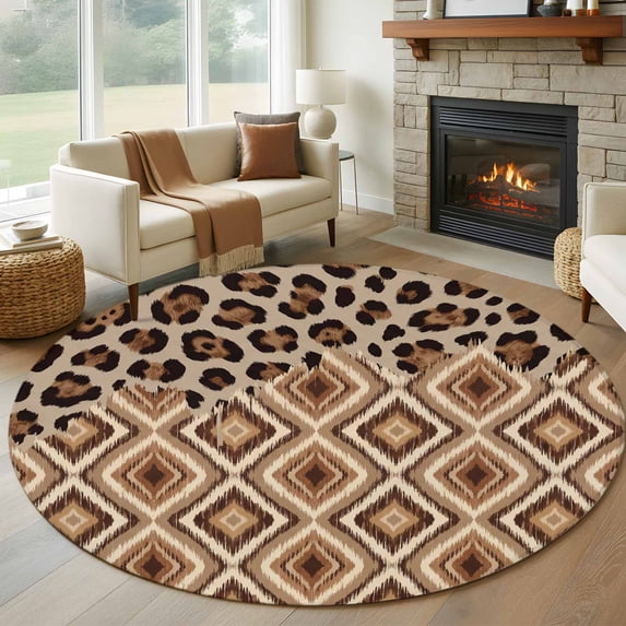 Brown Leopard Print Round Area Rug 8Ft Washable Large Circle Rugs for ...