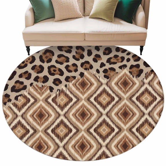 Brown Leopard Print Round Area Rugs Collection 8', Vintage Geometric Animals Print Non Slip Indoor Circular Throw Runner Rug Floor Mat Carpet for Living Room Dining Table Bedroom Nursery