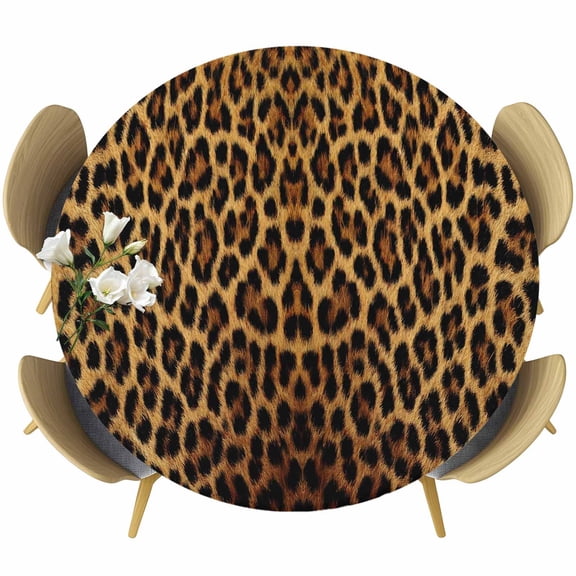 Brown Leopard Print Round Tablecloth, Fitted Table Cover with Elastic for 36"-44" Round Tables, Classic Abstract Animal Patterned Table Cloth Outdoor Indoor Dinning Party Waterproof Tablecloths