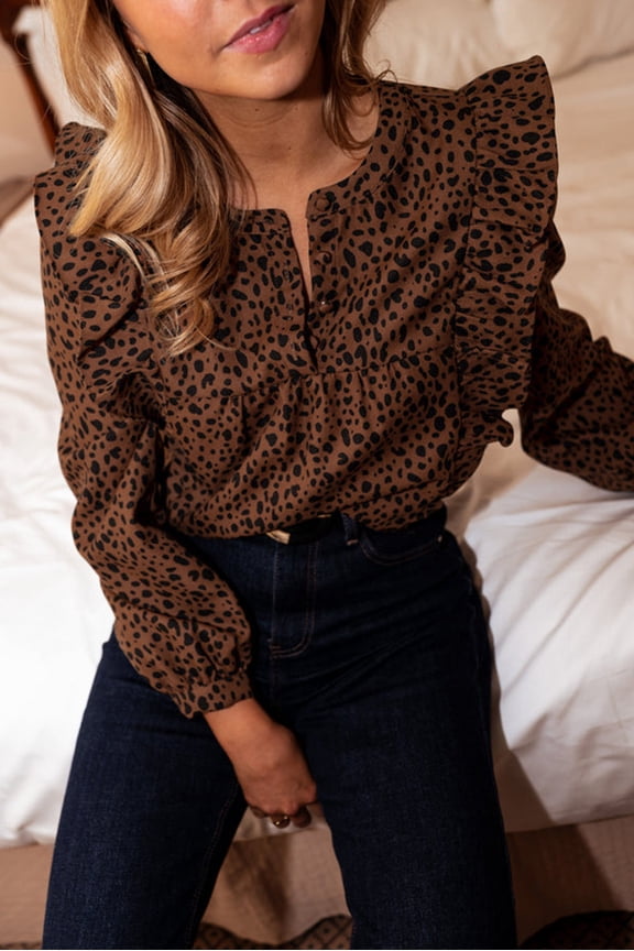 Brown Leopard Print Ruffled Puff Sleeve Blouse
