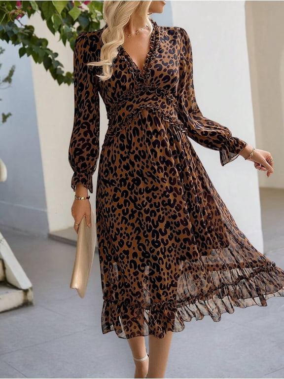 Brown Leopard Print Ruffled Wrap Midi Dress With Long Sleeves